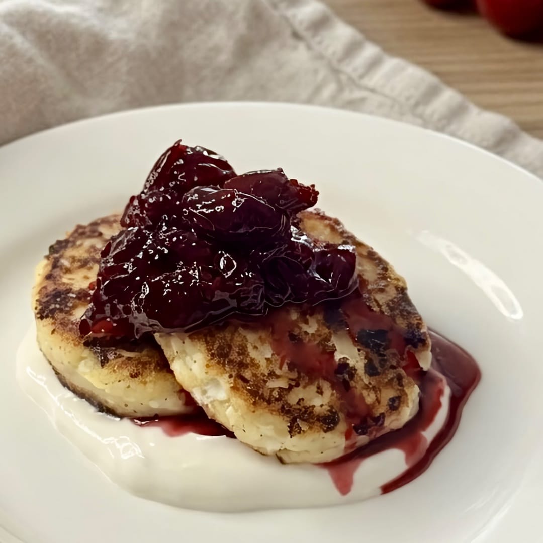 Vanilla Syrniki with Sour Cherries and Yogurt